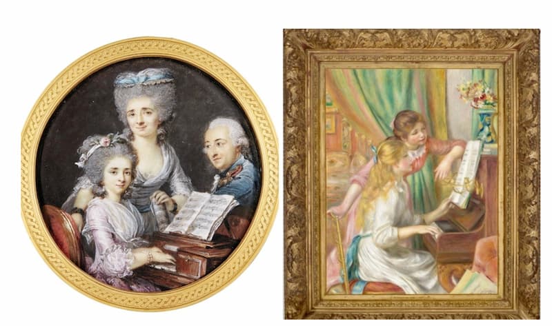 Adélaïde Labille-Guiard, Portrait of a mother and father with
their daughter at a harpsichord, 1780, Sotheby's London and Auguste
Renoir, Jeunes filles au piano,1892, Musée d’Orsay